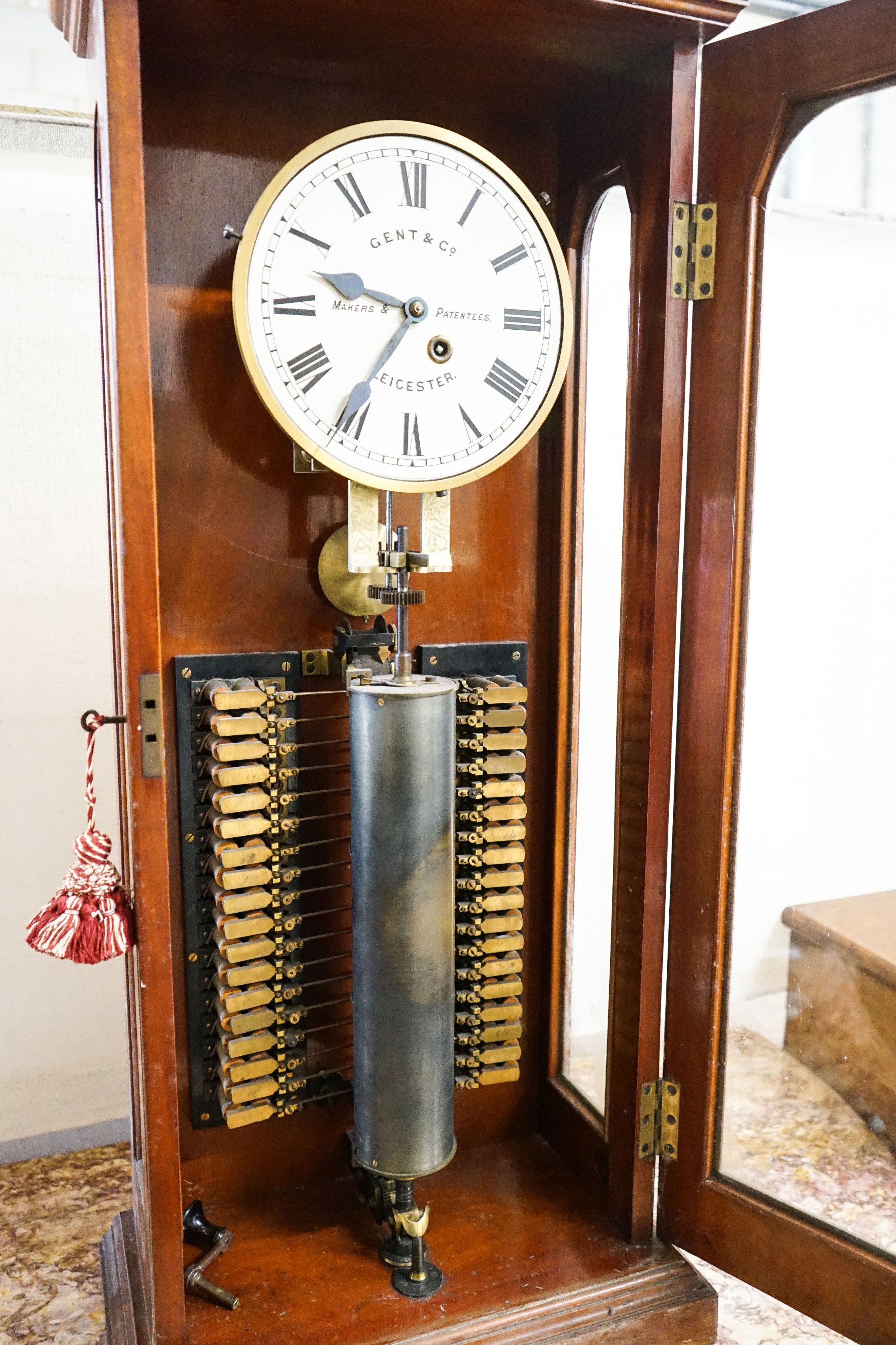 A Gent & Co. Ltd. Patent electric watchman's or 'telltale' clock, single cylinder mahogany cased, height 101cm